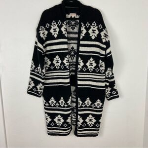 Knox Rose Black Cream Duster Cardigan Longline Boho Aztec Western Cowgirl Medium
